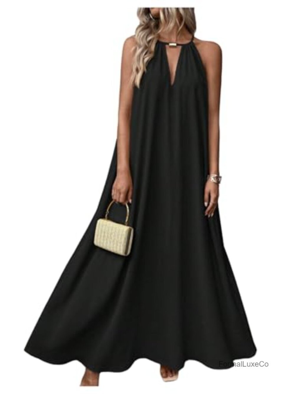 Women's Flowy Halter Maxi Dress Sleeveless Cutout Tie Back Casual Summer